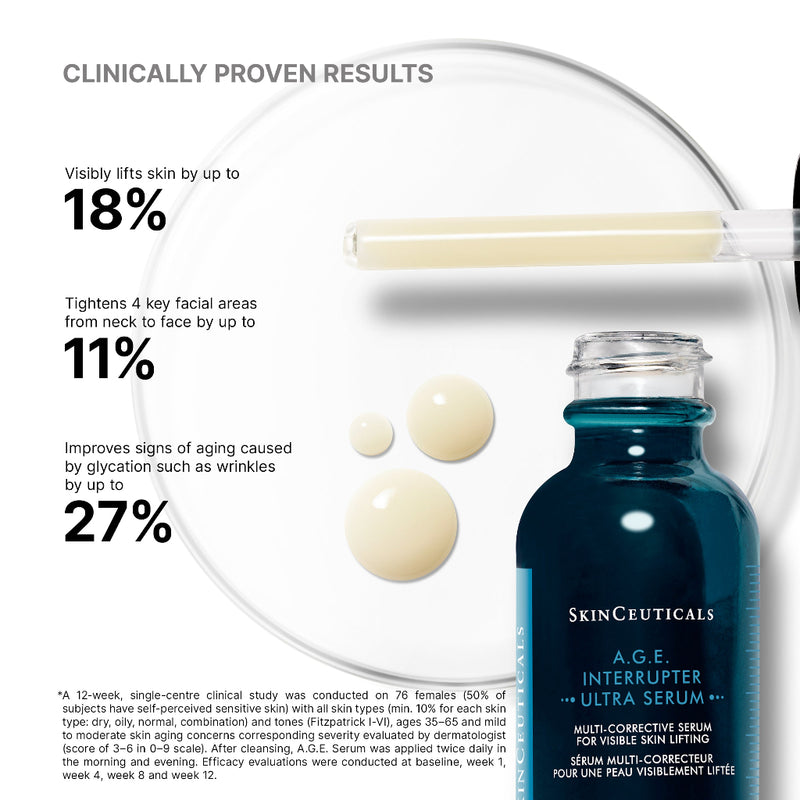 SkinCeuticals A.G.E. Interrupter Ultra Serum with clinical benefits displayed on a white background