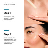 Instructions and images on how to apply SkinCeuticals A.G.E. Interrupter Ultra Serum with close-up steps and text.