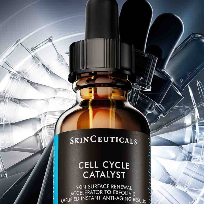 SkinCeuticals Cell Cycle Catalyst serum bottle displayed against a clock cycle shadow background, symbolizing accelerated skin renewal and optimized cell turnover