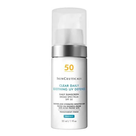 SkinCeuticals Clear Daily Soothing UV Defense SPF 50 pump bottle with sleek white and blue branding