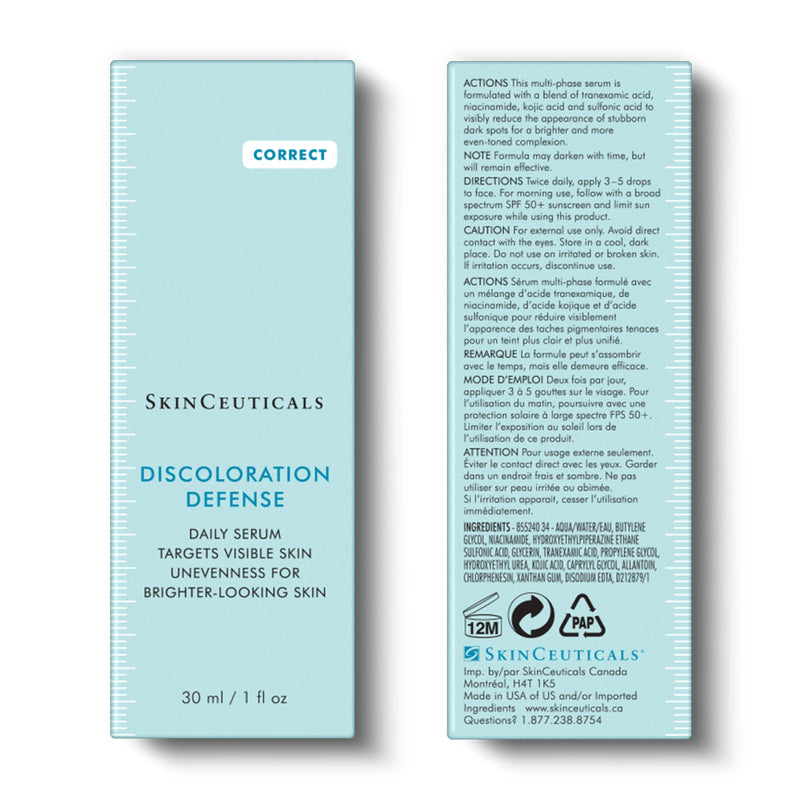SkinCeuticals Discoloration Defense retail box displayed showcasing professional packaging for this daily dark spot corrector targeting uneven skin tone and discoloration.