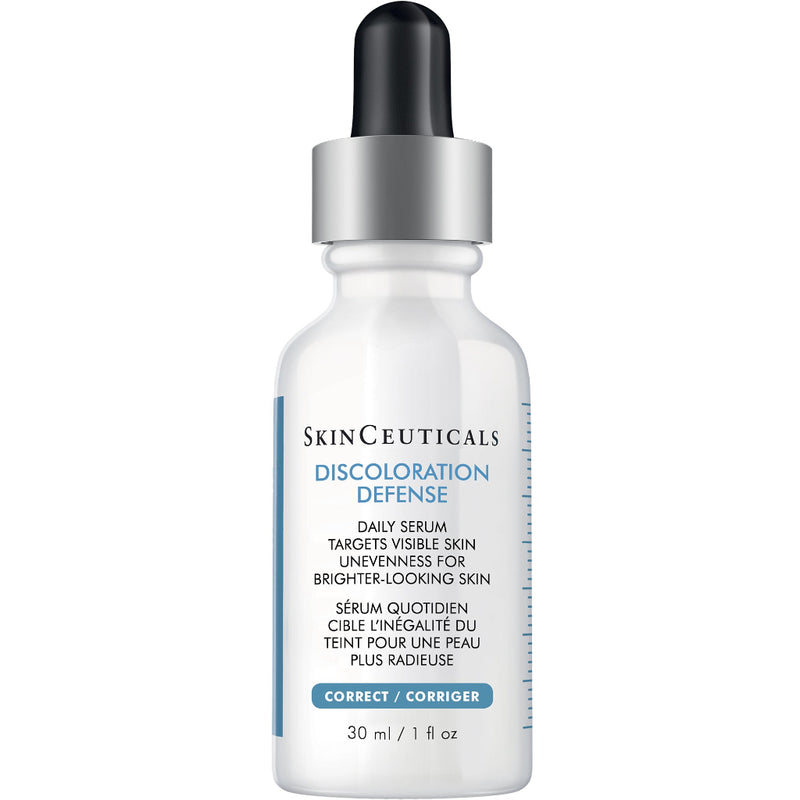 SkinCeuticals Discoloration Defense serum bottle positioned upright, highlighting its advanced formula for reducing dark spots, post-blemish marks, and uneven skin tone.