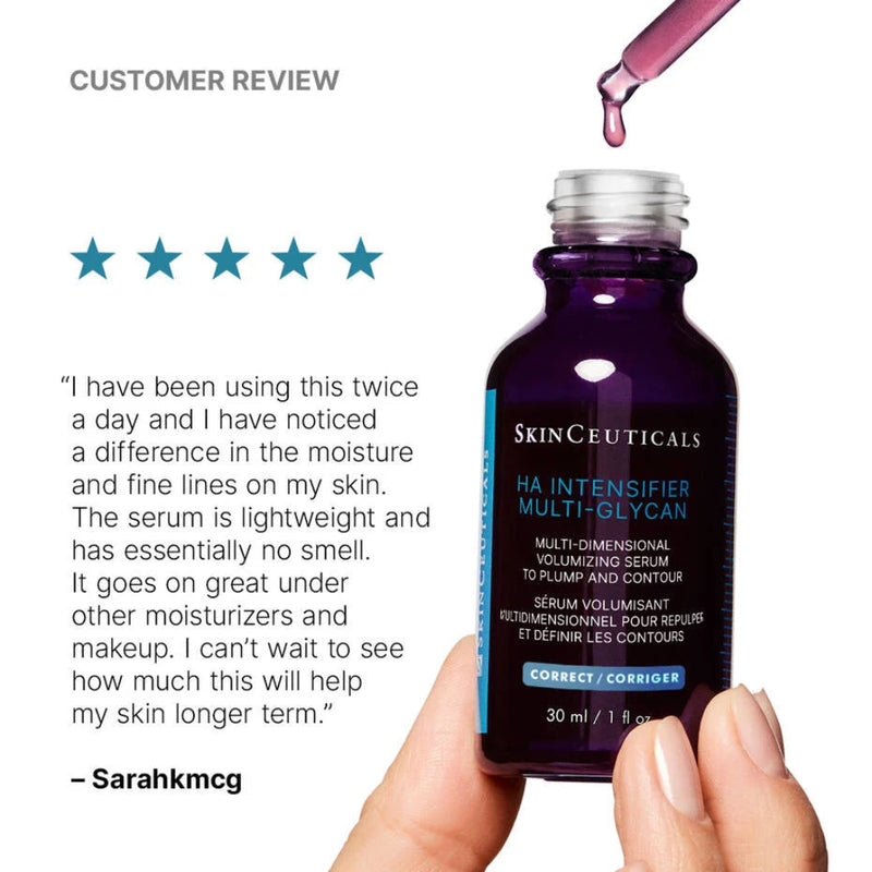 Customer review for SkinCeuticals H.A. Intensifier Multi-Glycan serum highlighting visible skin plumping, hydration, and improved texture after regular use