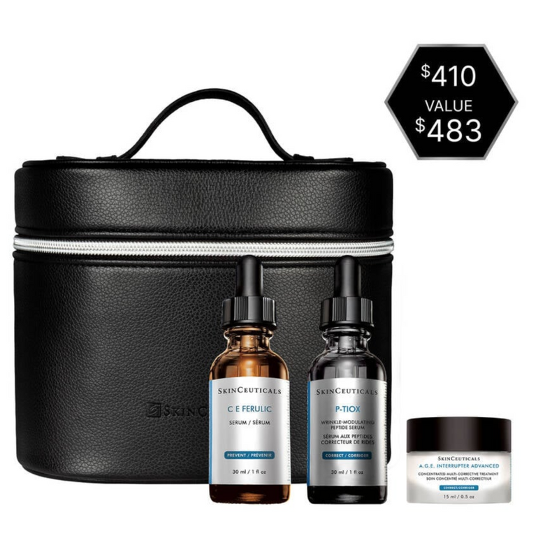 The Skinceuticals Holiday Our Best-Sellers Set displayed with its skincare product contents (C E Ferulic, P-Tiox, and A.G.E. Interrupter Advanced) in a black travel case with a price tag on a white background