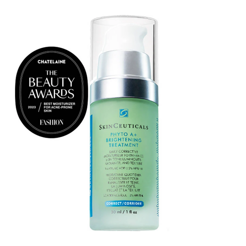 SkinCeuticals Phyto A+ Brightening Treatment featured with beauty award badges, highlighting its recognition for excellence in skincare for oily and blemish-prone skin