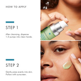 Step-by-step visual guide showing how to apply SkinCeuticals Phyto A+ Brightening Treatment in two steps for clearer, more radiant skin