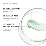 Infographic highlighting key ingredients in SkinCeuticals Phyto A+ Brightening Treatment, including 3% azelaic acid, 2% alpha arbutin, and a 5.75% phyto botanical blend, known for soothing, clarifying, and brightening benefits.