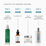 SkinCeuticals Phyto Corrective Essence Mist shown as part of a 4-step AM skincare routine, including cleansing, misting, applying vitamin C serum, and sunscreen