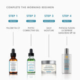 SkinCeuticals Phyto Corrective Gel in a 4-step AM regimen – applied after cleansing and antioxidant serum, before moisturizer and sunscreen to calm and hydrate skin throughout the day