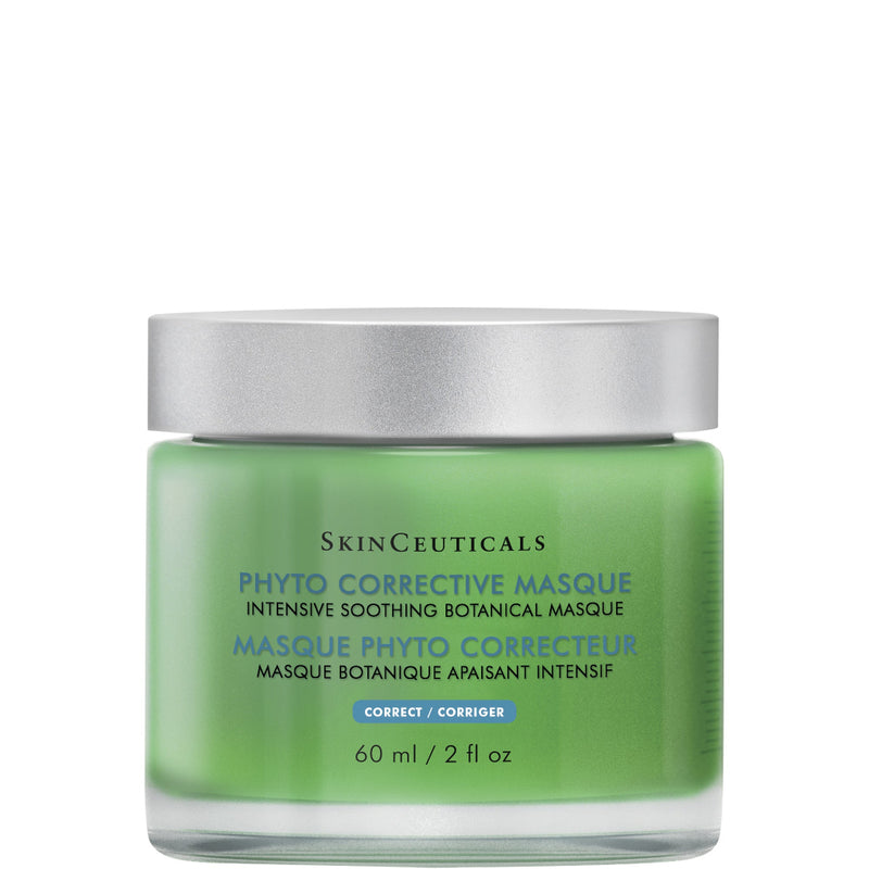 SkinCeuticals Phyto Corrective Masque – cooling, botanical gel mask in a green jar designed to instantly soothe, hydrate, and reduce visible redness in sensitive or post-procedure skin