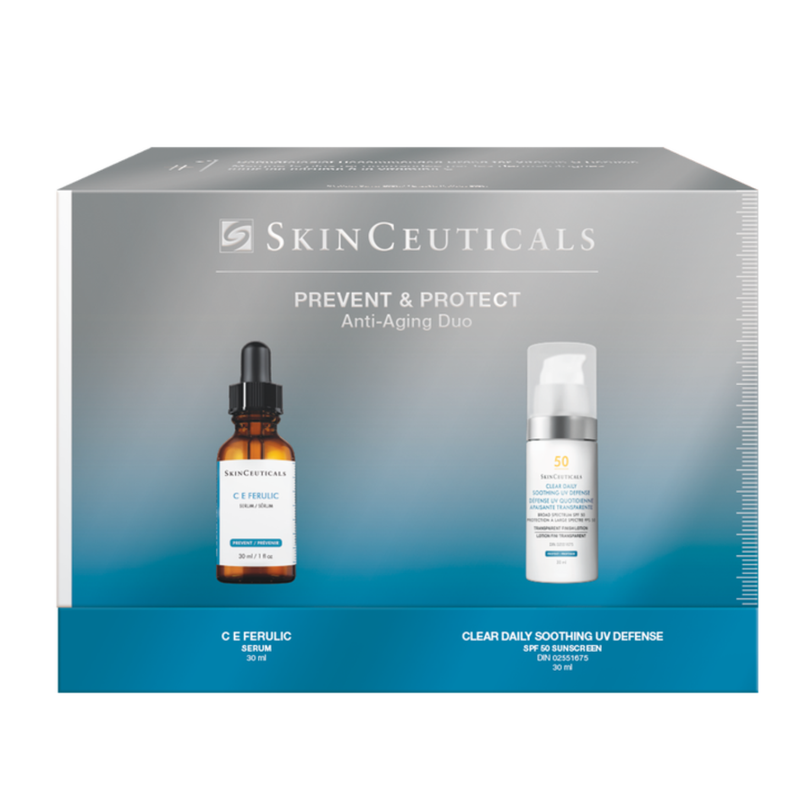 SkinCeuticals Prevent & Protect Anti-Aging Duo Soothing Formula packaging (containing C E Ferulic and Clear Daily Soothing UV Defense) with serum and sunscreen on a white background
