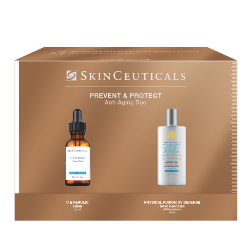 SkinCeuticals Prevent & Protect Anti-Aging Duo packaging with two bottles (the C E Ferulic and the Physical Fusion UV Defense) on a brown background