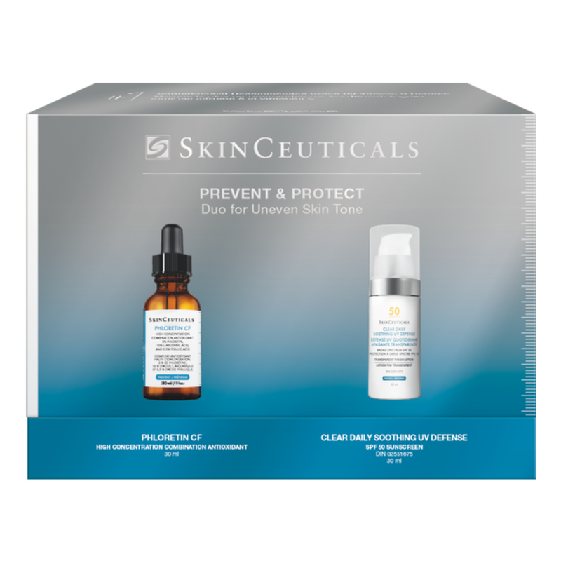 SkinCeuticals skincare product set packaging called the PREVENT & PROTECT DUO FOR UNEVEN SKIN TONE - SOOTHING FORMULA (which contains the Phloretin CF and the Clear Daily Soothing UV Defense) on a white background