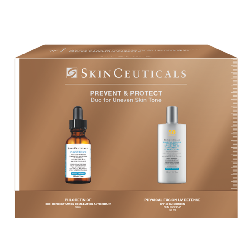 SkinCeuticals skincare product set called the SkinCeuticals Prevent & Protect Duo for Uneven Skin Tone packaging (that contains the Phloretin CF and the Physical Fusion UV Defense) on a white background
