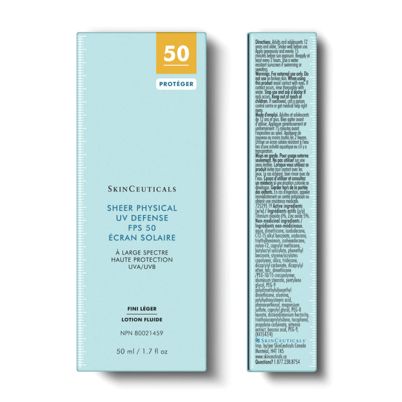 SkinCeuticals Sheer Physical UV Defense SPF 50 retail box packaging, ultra-sheer mineral sunscreen for face