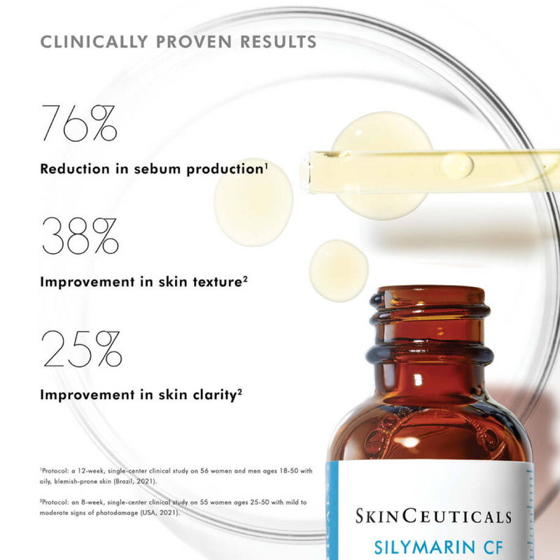 Clinical results of SkinCeuticals Silymarin CF serum shown with before and after photos highlighting reduced oiliness and clearer skin
