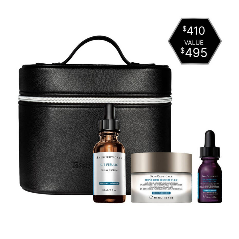 The Skinceuticals Holiday The Hydration System Set displayed with its skincare product contents (C E Ferulic, Triple Lipid Restore 2:4:2, and HA Intensifier Multi-Glycan) in a black travel case with a price tag on a white background