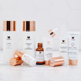 Vivier Advanced Anti-Aging Program showcasing various packaging types, including bottles, tubes, and jars, for a complete skincare regimen