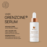 "Close-up of Vivier GrenzCine Serum with key actives, including Polyamine-DAB® and Vitamin C, highlighting its powerful anti-aging ingredients that boost collagen, improve skin texture, and enhance hydration