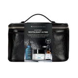 SkinCeuticals Coffret Revitalisant Ultra skincare set in a black faux-leather zippered case with a black handle, featuring a promotional card overlay showing three products inside.