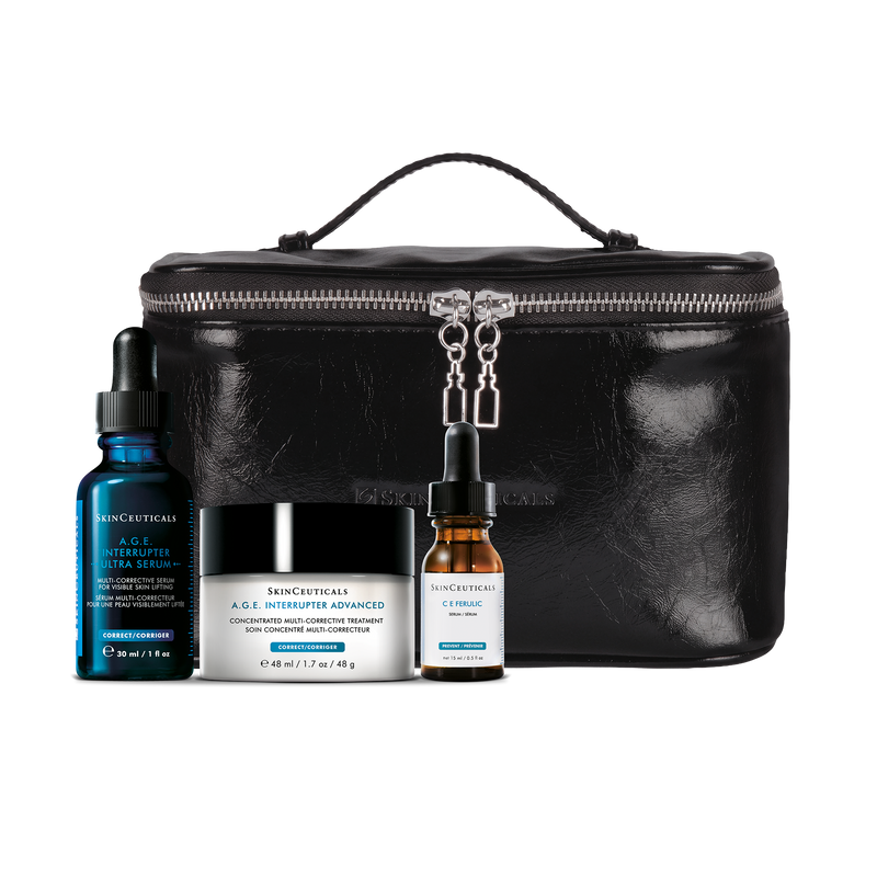 A skincare gift set featuring a black faux-leather zippered case with a top handle, alongside three skincare products: a blue dropper bottle of Brévibrations A.S.