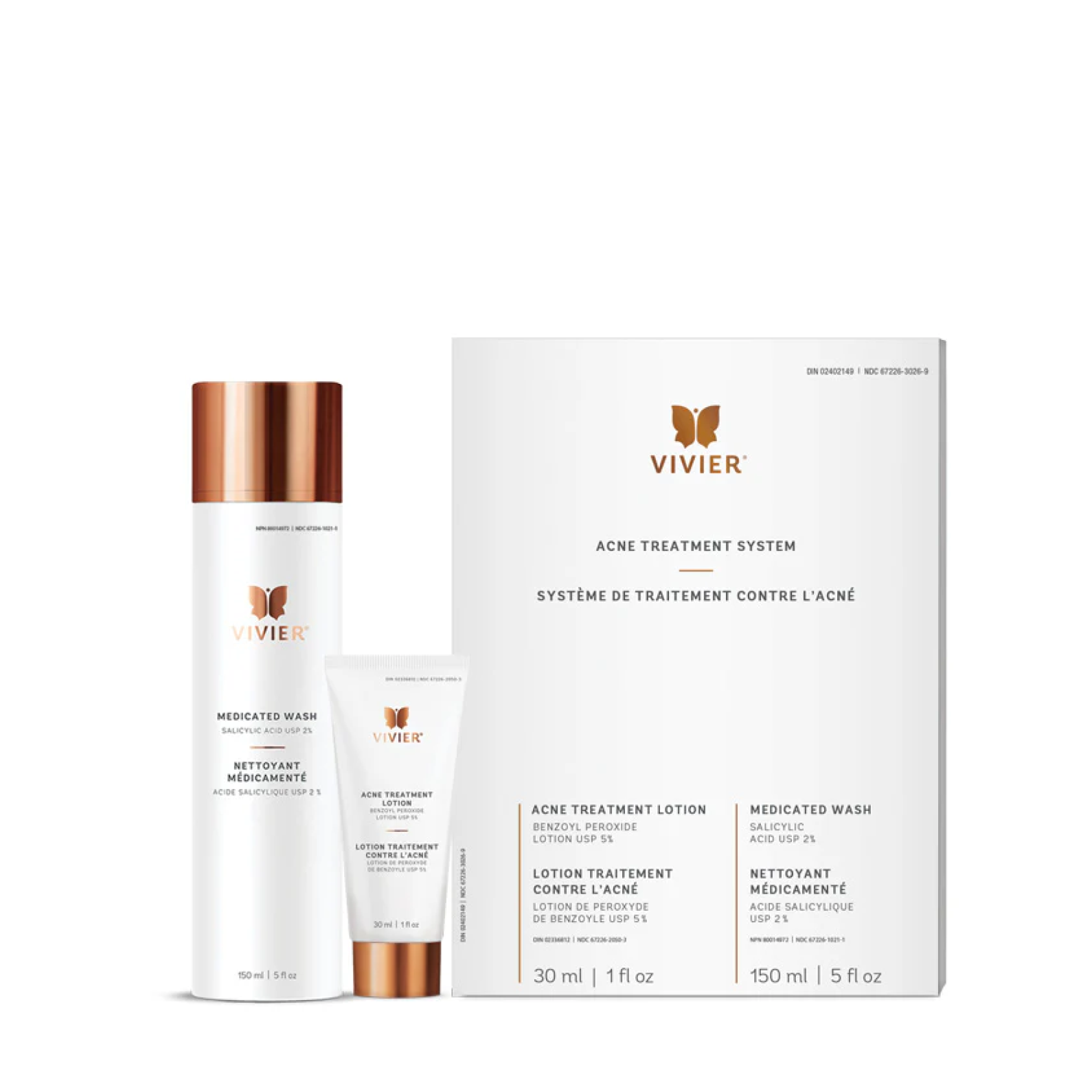 Vivier Acne Treatment System box with two skincare products, designed to effectively target acne, reduce breakouts, and promote clear, healthy skin. Dermatologist-recommended formula with Benzoyl Peroxide for powerful acne control