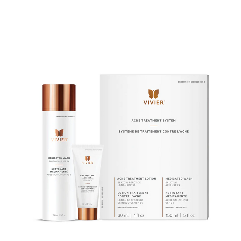 Vivier Acne Treatment System box with two skincare products, designed to effectively target acne, reduce breakouts, and promote clear, healthy skin. Dermatologist-recommended formula with Benzoyl Peroxide for powerful acne control