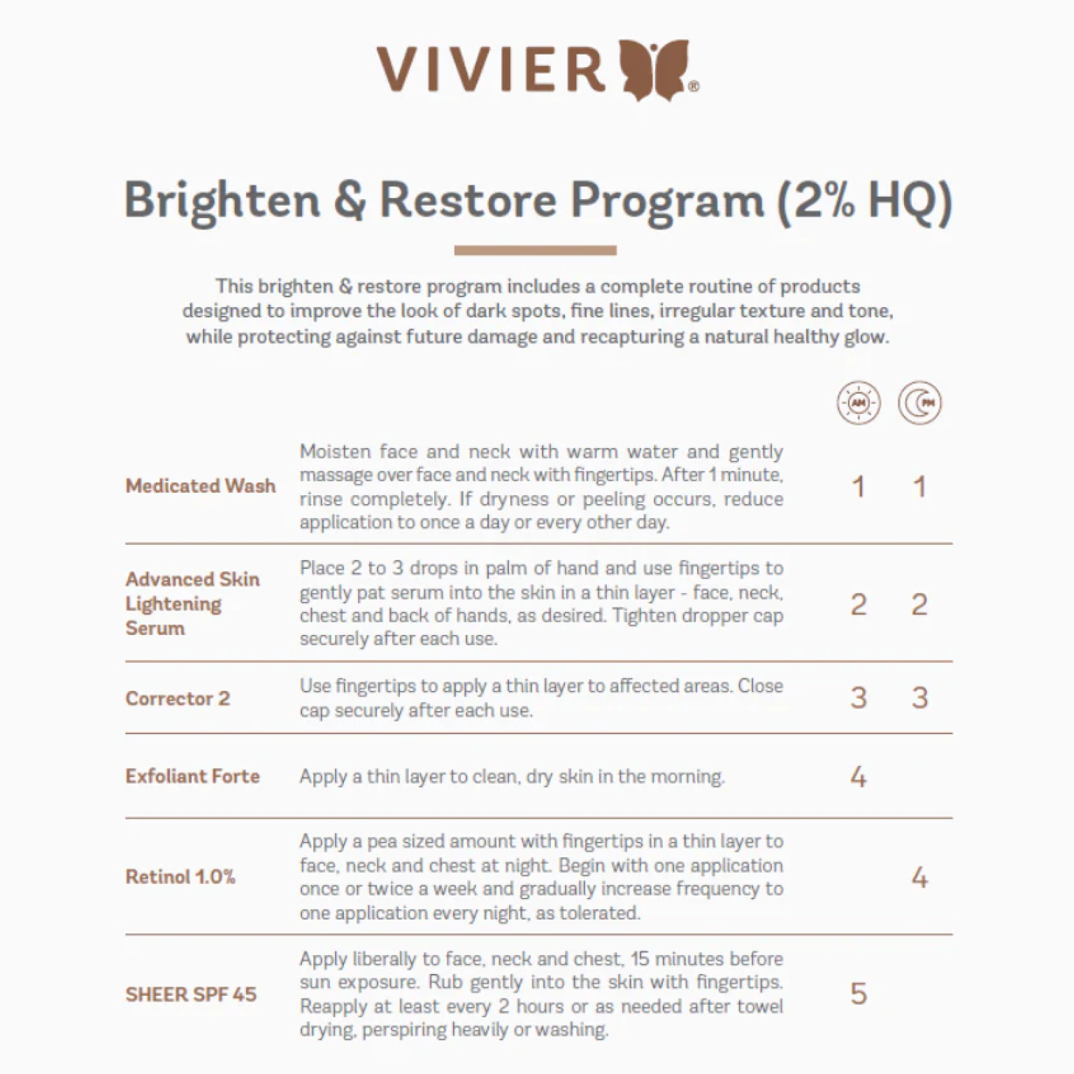 Vivier Brighten & Restore Program (2% HQ) routine with all products laid out, highlighting the steps to brighten, even out skin tone, and reduce hyperpigmentation for a radiant complexion