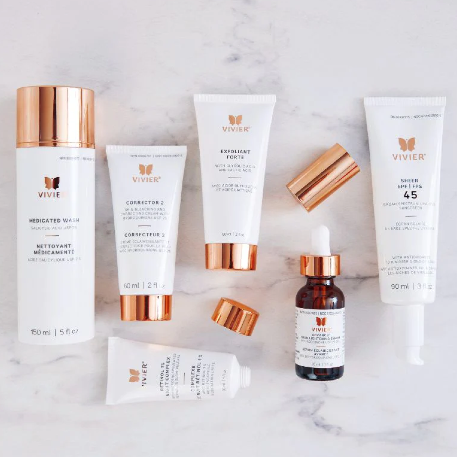Vivier Brighten & Restore Program (2% HQ) kit with open product lids, showcasing the contents of the brightening and skin-toning treatment system