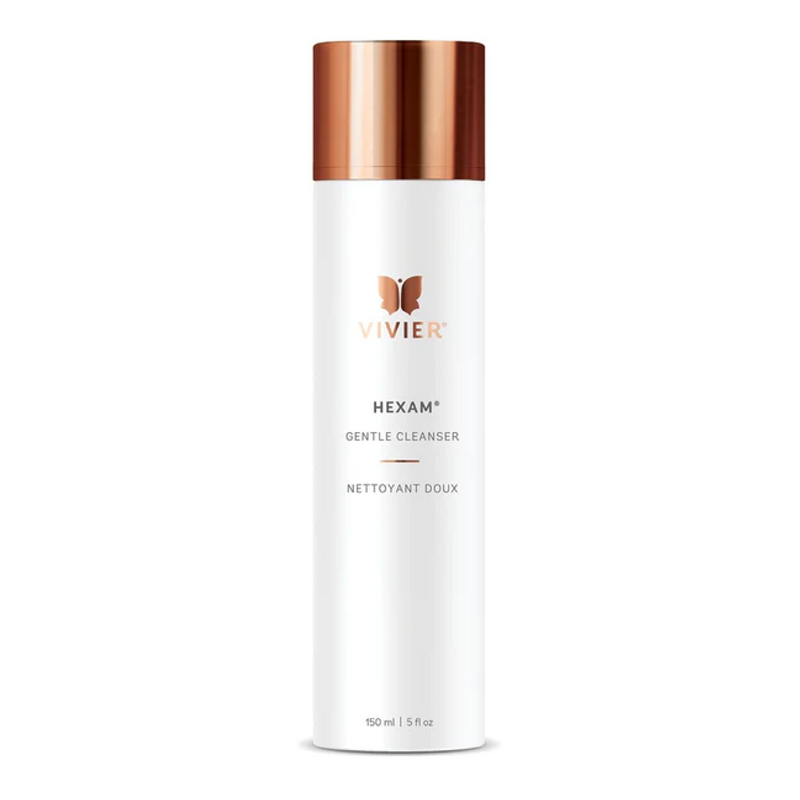 A sleek, white bottle of Vivier HEXAM Gentle Gel Cleanser with a pump dispenser. Vivier HEXAM Cleanser available through Senagenix at Anti-Aging Medical & Laser Clinic in Vancouver BC