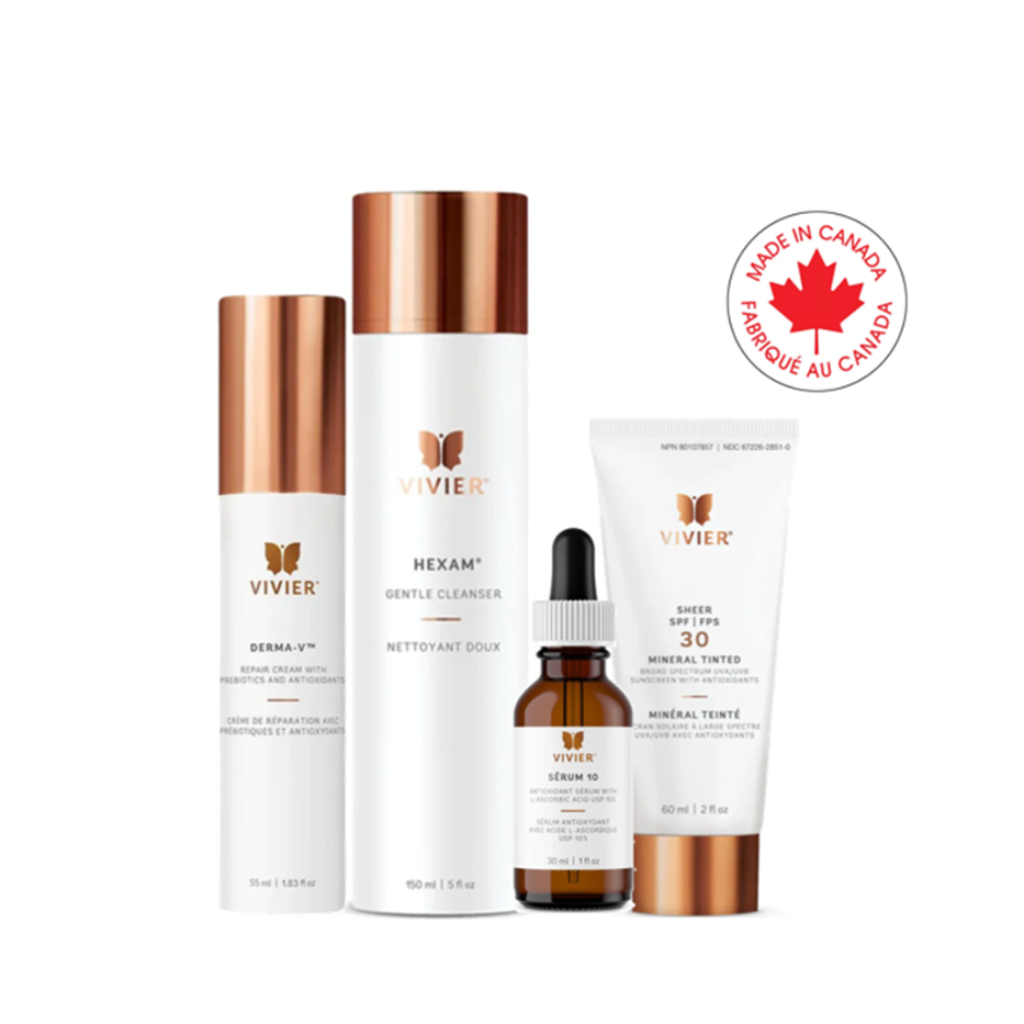 Flat lay of Vivier Sensitive Selection skincare set curated by Anti-Aging Medical Clinic, featuring gentle, dermatologist-formulated products for sensitive skin, displayed on a clean, minimal background
