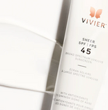 Vivier Sunscreen Sheer SPF 45 Texture – Lightweight, Silky, Fast-Absorbing Sunscreen. Non-greasy Formula for All Skin Types.