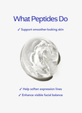 Cosmetic container with text about peptides' benefits on a white background