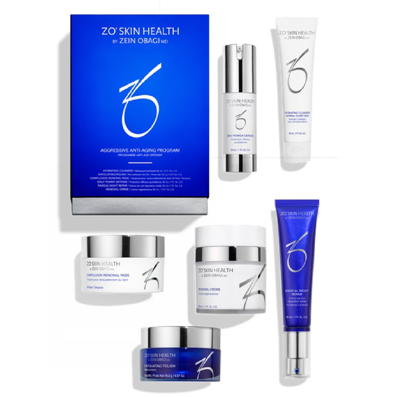 ZO Aggressive Anti-Aging Program kit, featuring advanced skincare essentials formulated to reduce deep wrinkles, refine texture, and enhance skin firmness.