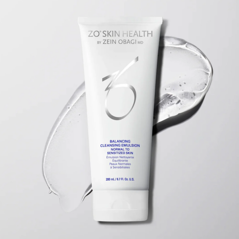 Texture smear of ZO Balancing Cleansing Emulsion – clear gel-to-milk formula shown in a smooth, glossy layer, highlighting its soothing, barrier-supporting properties for sensitive skin