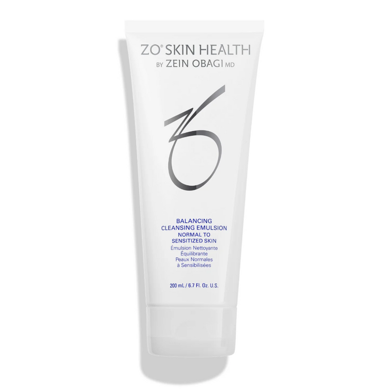ZO Skin Health Balancing Cleansing Emulsion 200ml – gel-to-milk cleanser in sleek white bottle, designed to soothe and strengthen sensitive or post-treatment skin