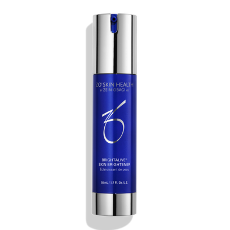 Product image of ZO Brightalive® Skin Brightener in sleek silver and blue packaging, designed to visibly reduce dark spots, enhance clarity, and brighten skin tone with a gentle, non-retinol, non-hydroquinone formula
