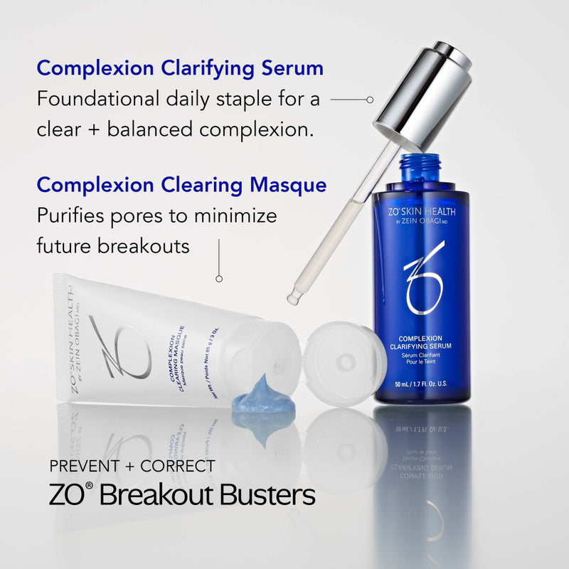 Product image of ZO® Complexion Clarifying Serum "Breakout Buster" displayed side by side with ZO® Complexion Clearing Masque, showcasing a powerful duo designed to reduce breakouts, control excess oil, clear pores, and calm redness for visibly clearer, balanced skin