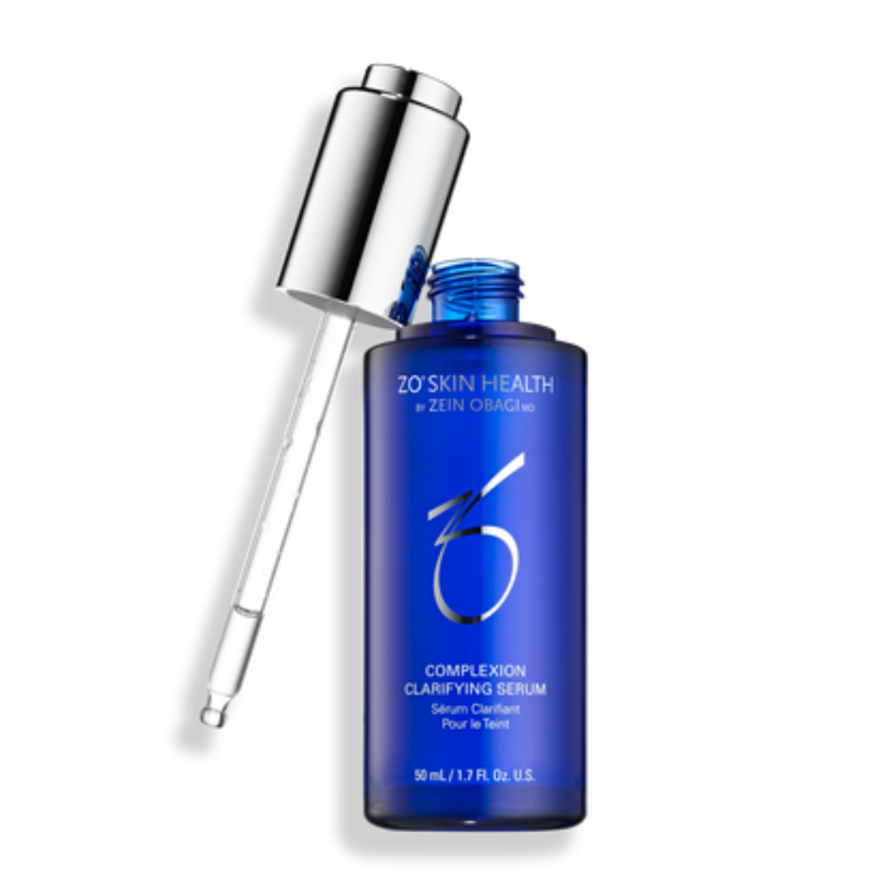 Product image of ZO® Complexion Clarifying Serum in sleek silver and white packaging, featuring a lightweight, water-based formula with Z-SEB3™ technology designed to reduce excess oil, clear congestion, and calm visible redness for a balanced complexion.