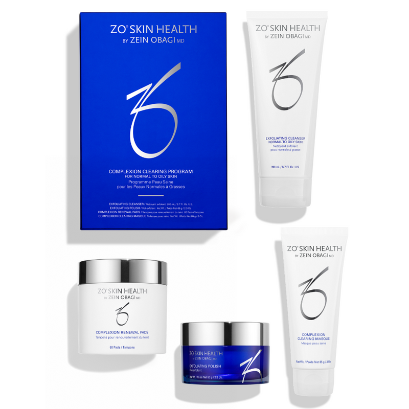 ZO Complexion Clearing Program box and products displayed, designed to target and prevent acne, blackheads, and clogged pores for a clear, balanced complexion