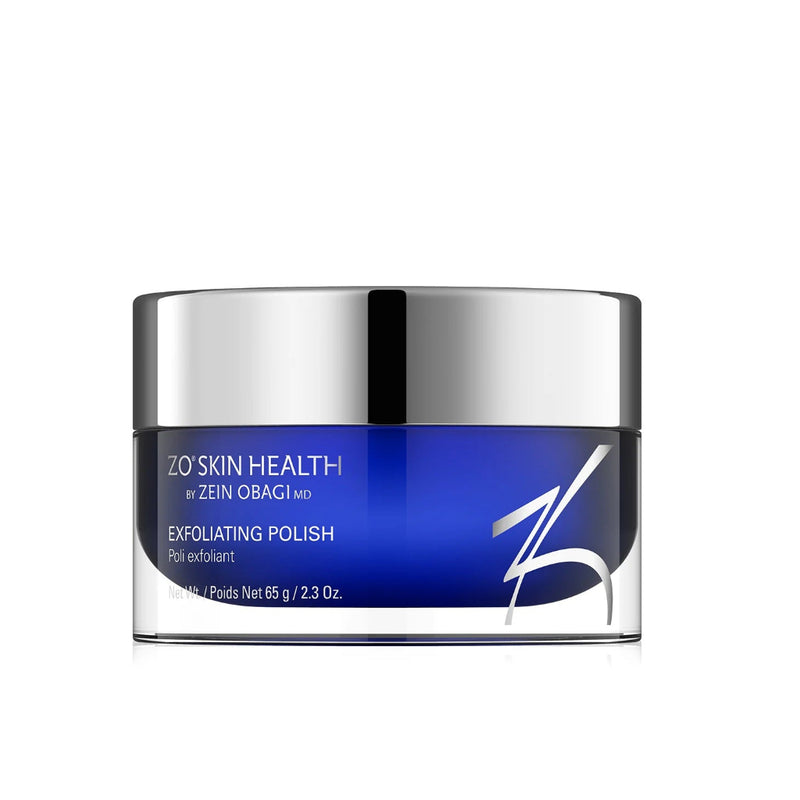 ZO Skin Health Exfoliating Polish 65g – brightening facial exfoliator in sleek white jar with blue lid, formulated with magnesium crystals to smooth and refine skin texture