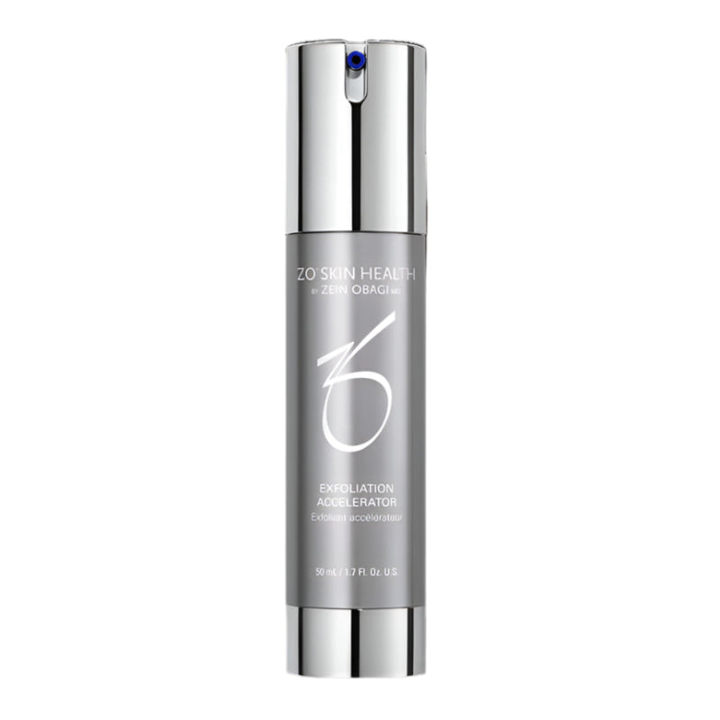 Product image of ZO Exfoliation Accelerator in sleek silver and blue packaging, formulated to gently exfoliate dead skin cells, smooth texture, and improve skin tone for a refreshed, radiant complexion.