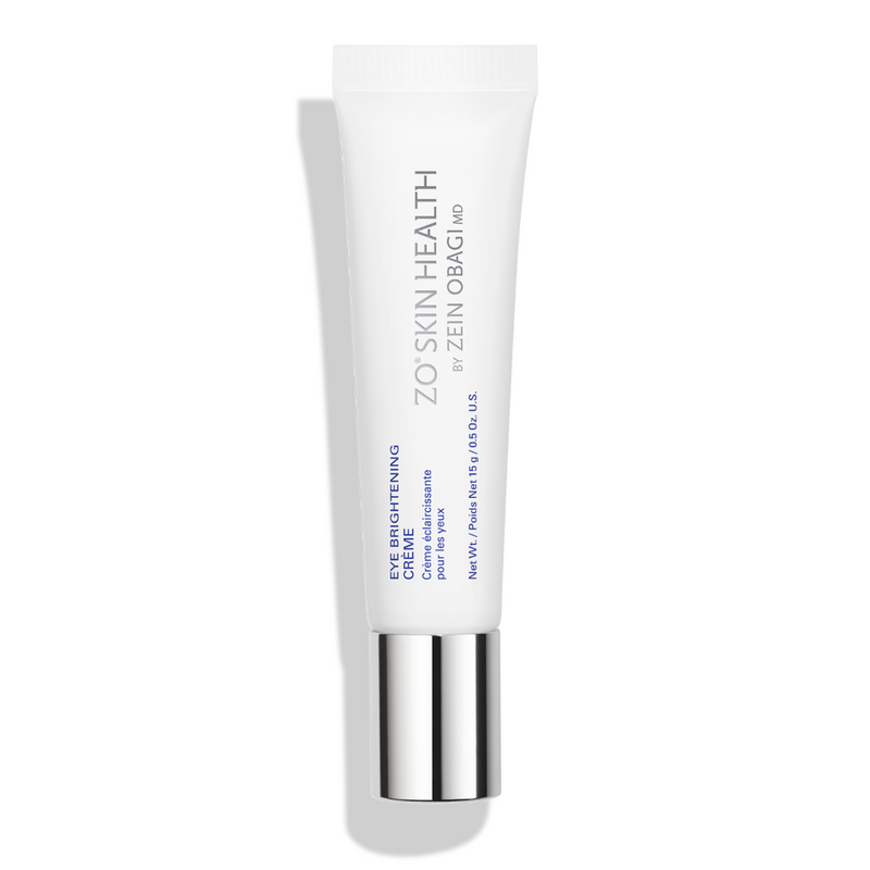 ZO Eye Brightening Crème in sleek white tube with silver cap, anti-aging eye treatment for dark circles and puffiness