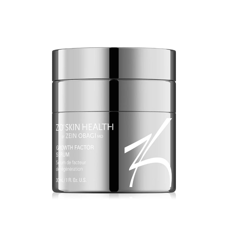 Product image of ZO Growth Factor Serum (30ml) in sleek silver and blue packaging, highlighting its lightweight, rejuvenating formula designed to visibly firm skin, smooth wrinkles, and enhance elasticity