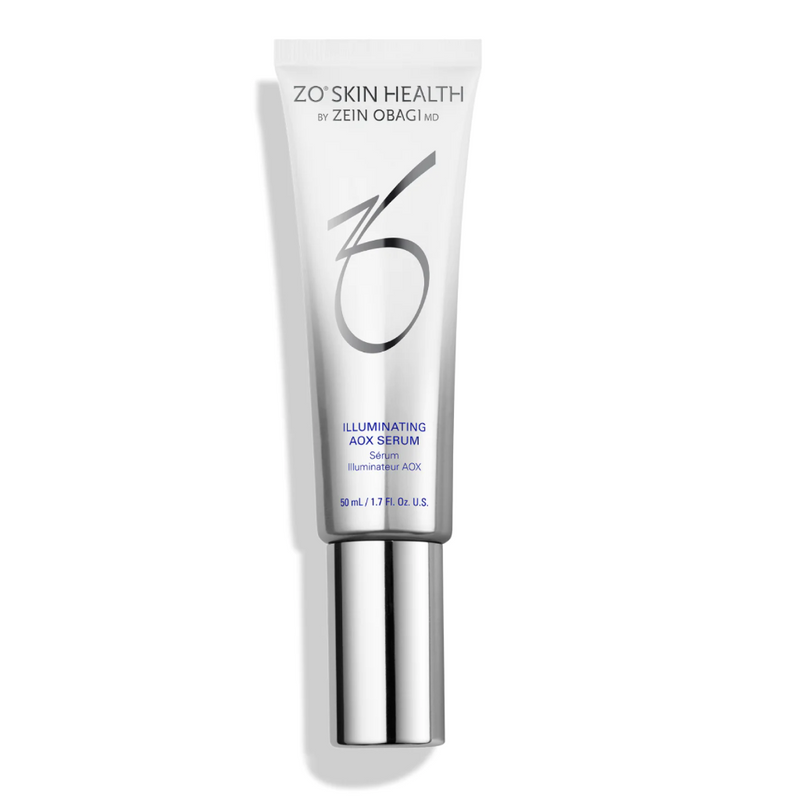 ZO Skin Health Illuminating AOX Serum in sleek silver and blue packaging, highlighting its antioxidant-rich formula designed for brightening skin tone and protecting against environmental stressors