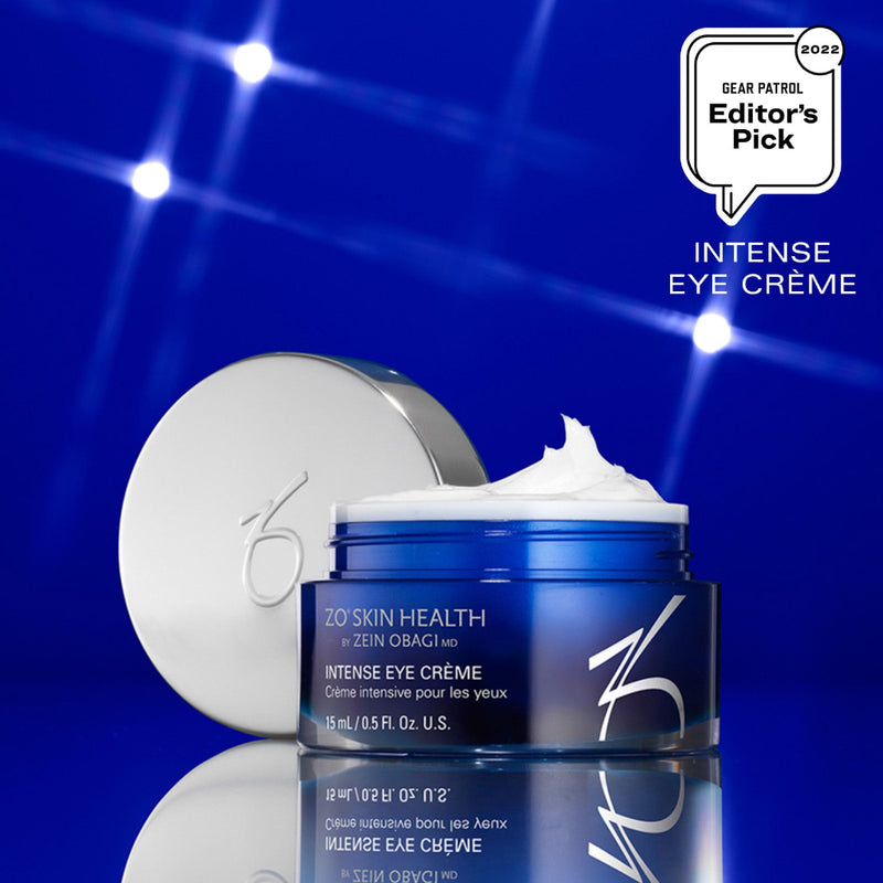 ZO Intense Eye Creme bottle featuring the 2022 Gear Patrol Editor's Pick badge, recognizing its effectiveness in reducing dark circles, fine lines, and wrinkles.