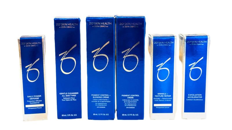 ZO Pigment Control Program (Hydroquinone) packaged in individual boxes, featuring a complete set of products designed to target hyperpigmentation and even skin tone.