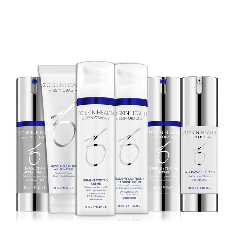 ZO Pigment Control Program (Hydroquinone) kit contents displayed, showcasing advanced products formulated to lighten hyperpigmentation and promote an even skin tone