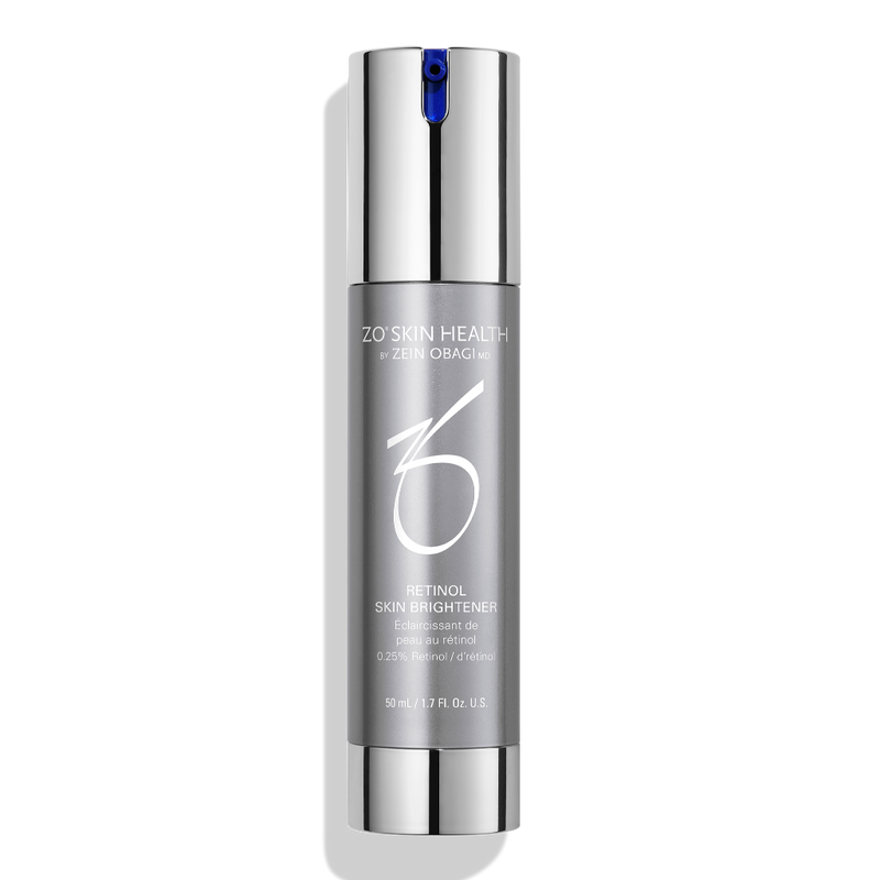 Product image of ZO Retinol Skin Brightener 0.25%, featuring sleek silver and blue packaging, designed to enhance skin clarity, reduce dark spots, and improve skin texture with gentle retinol-powered brightening