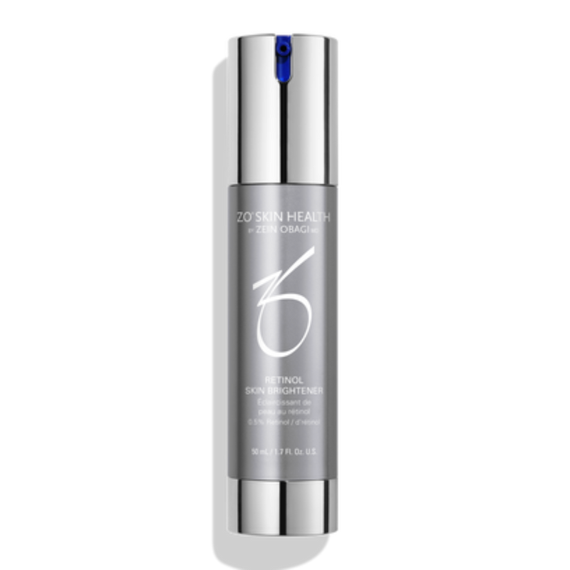 Product image of ZO Retinol Skin Brightener 0.5% in sleek silver and blue packaging, formulated to visibly improve skin tone, fade dark spots, and smooth texture with moderate-strength retinol for effective brightening.